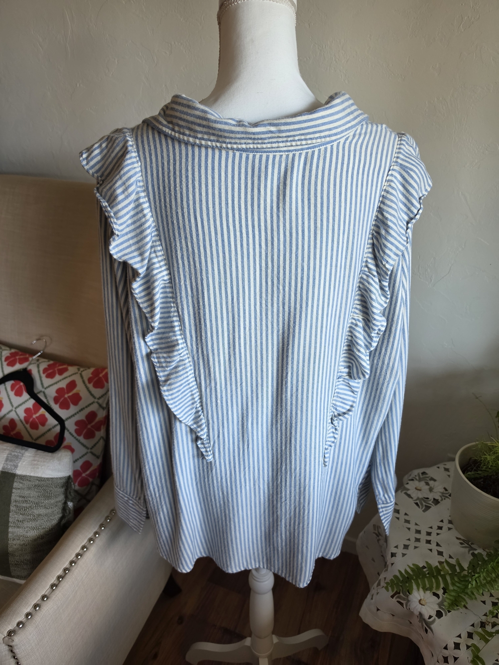Torrid Striped Ruffle-Trim Button-Up Blouse - Picture 3 of 4